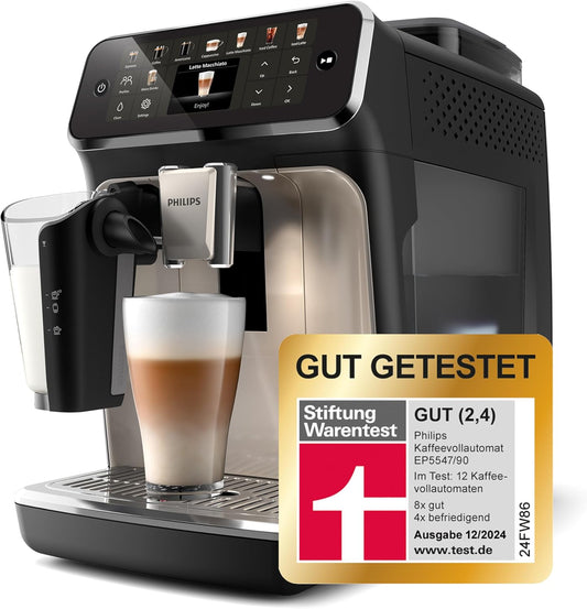 Philips Serie 5500 Kaffeevollautomat  (EP5547/90) – LatteGo Milchsystem, 20 heiße und kalte Kaffeespezialitäten, 40% leiser mit SilentBrew, QuickStart, Schwarz Verchromt